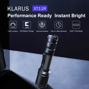 Klarus XT11R, 1300 lumens, 300m beam distance, USB-C charging, dual tail switch, 18650 battery, IPX8 waterproof rating in Kenya