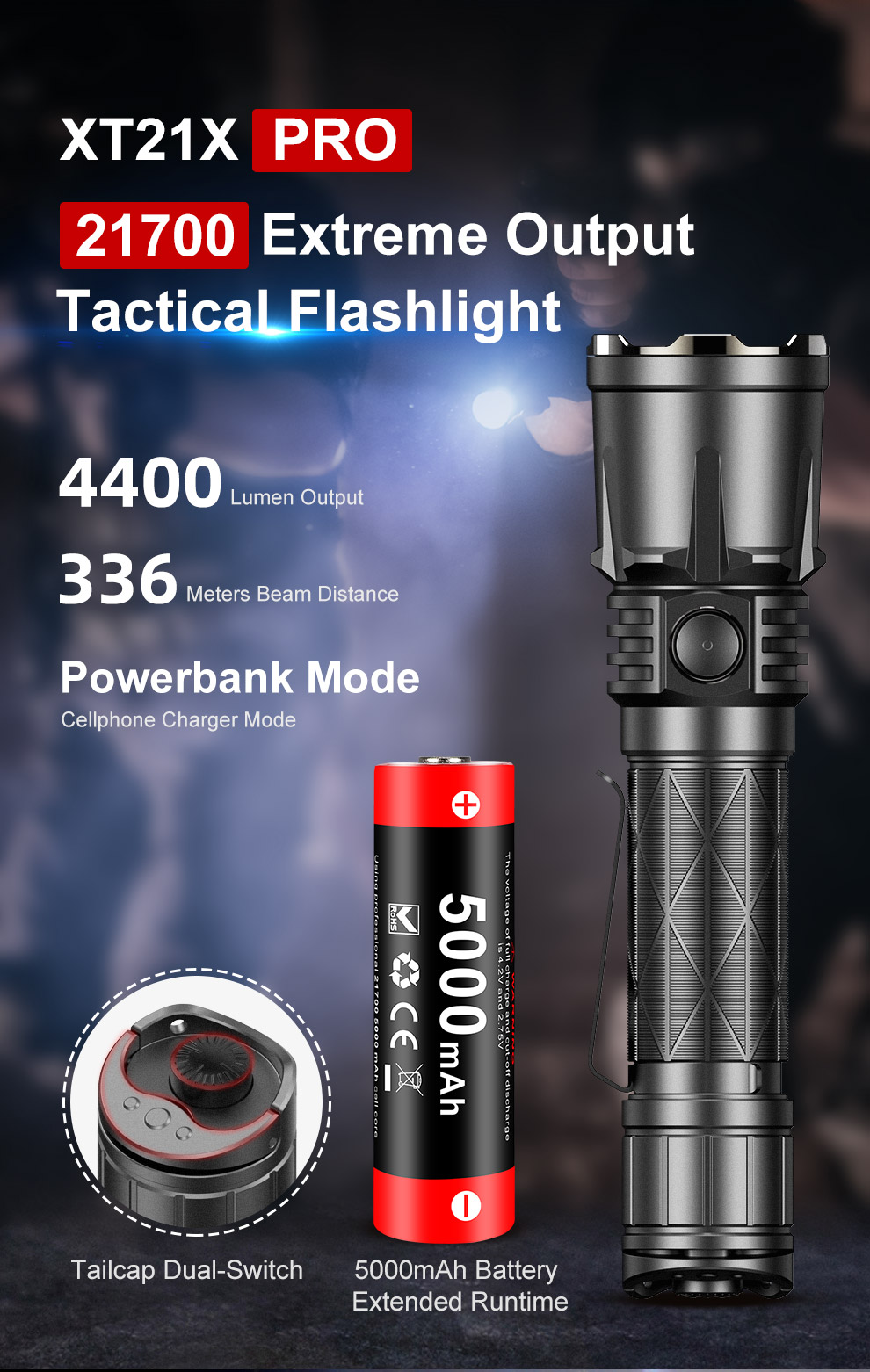 XT21X PRO, 21700 Extreme Output, Tactical Flashlight, 4400 Lumen Output, 336 Meters Beam Distance, Powerbank Mode, Cellphone Charger Mode