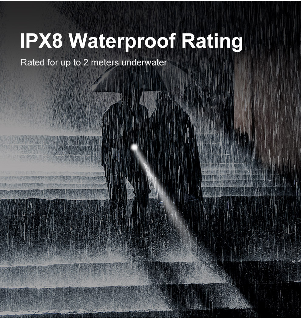 IPX8 Waterproof Rating, Rated for up to 2 meters underwater