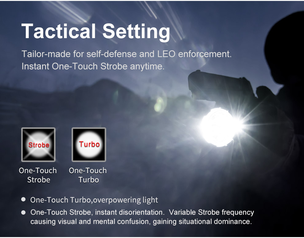 Tactical Setting, Tailor-made for self. defense and LEO enforcement, Instant One-Touch Strobe anytime.
